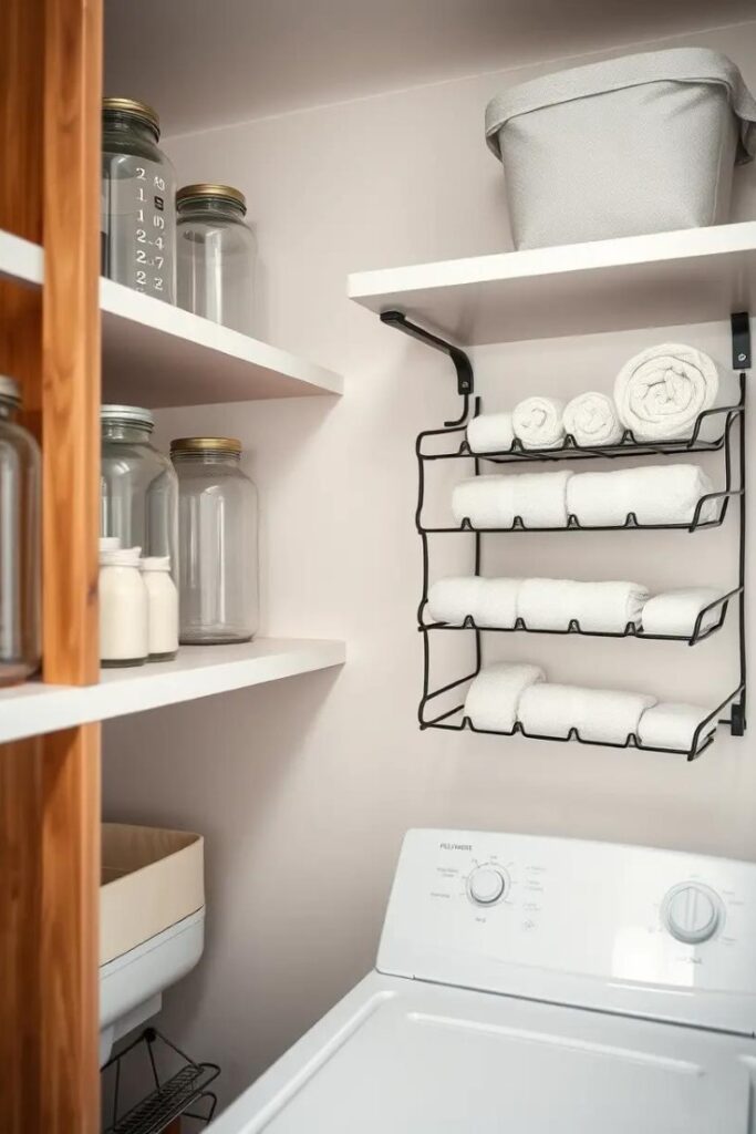 laundry room with open shelving. Empty glass jars and storage bin arranged on the shelves