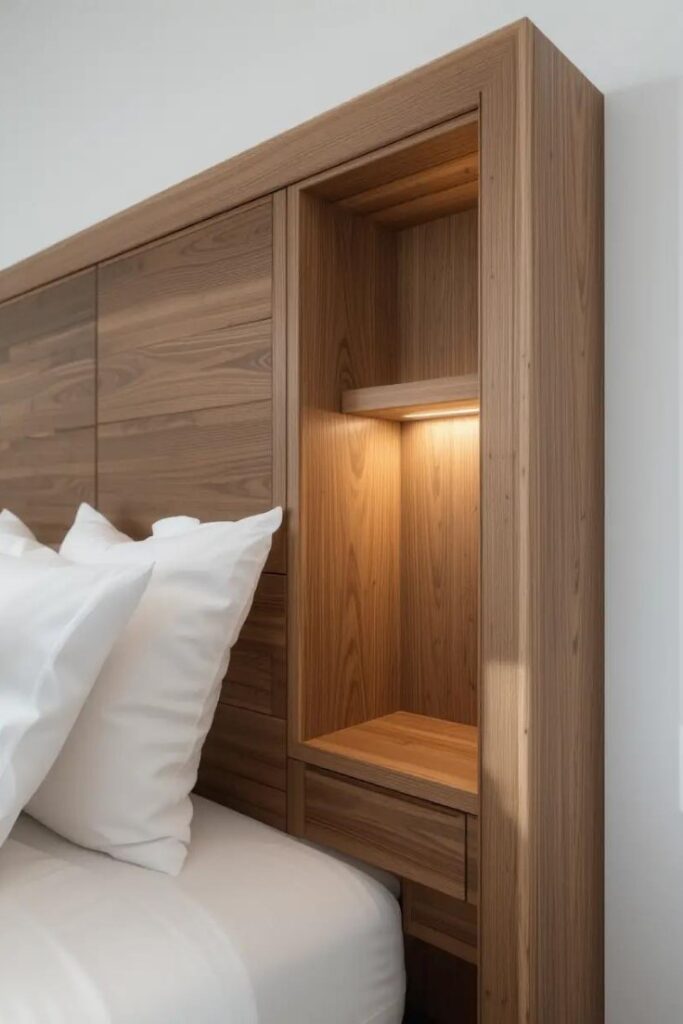 Custom wooden headboard with built-in storage niches and subtle LED lighting.