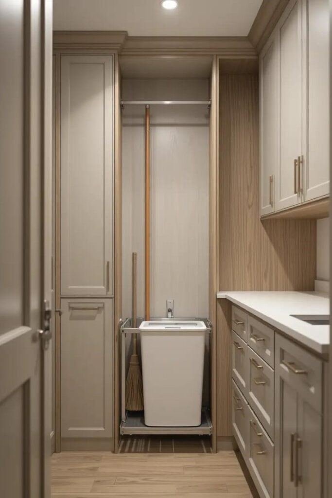modern laundry room with built-in cabinetry.