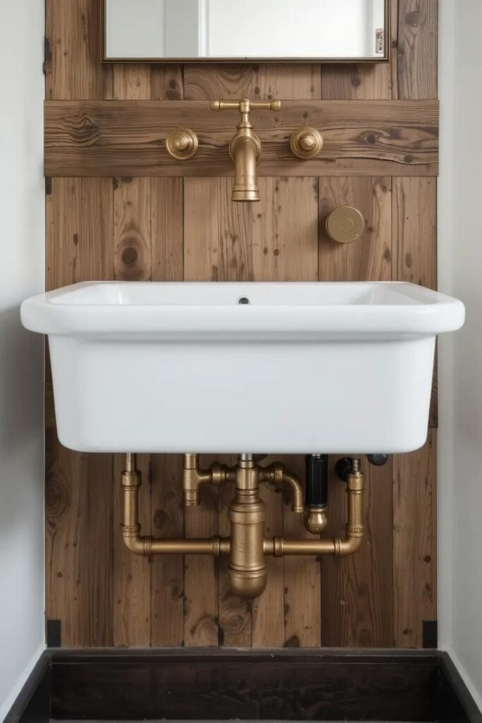 a farmhouse bathroom sink with exposed brass plumbing pipes underneath.