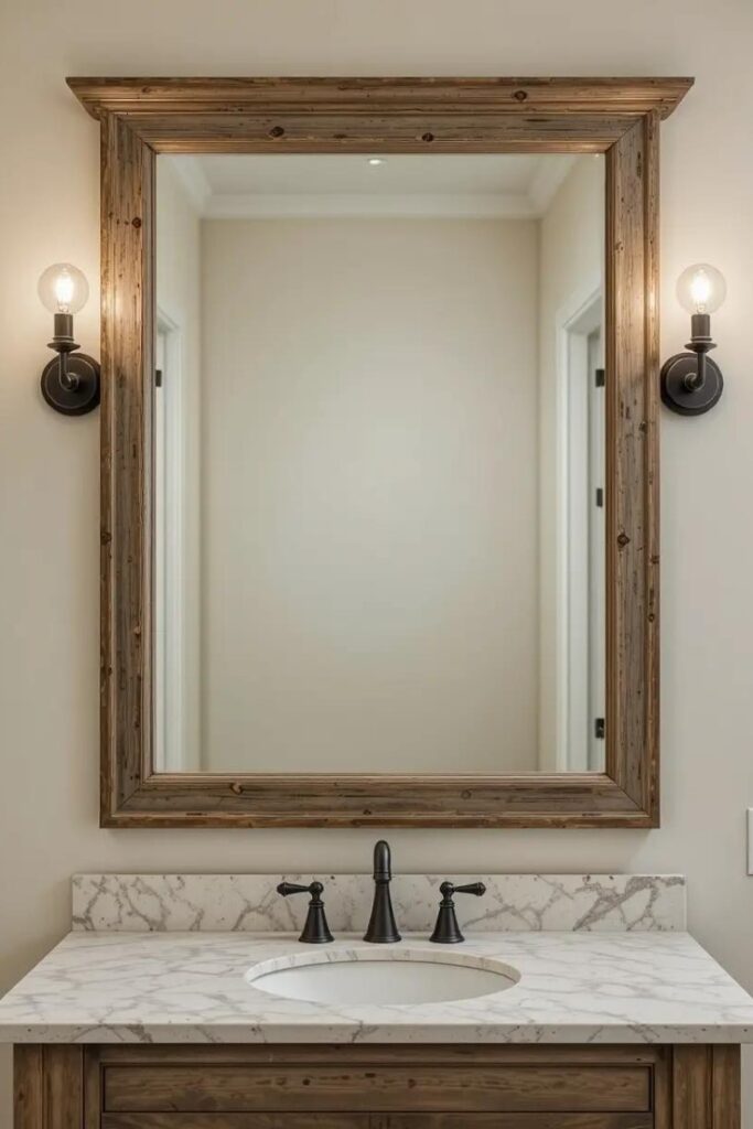 farmhouse bathroom featuring a large distressed wood-framed mirror above a vintage-inspired vanity.