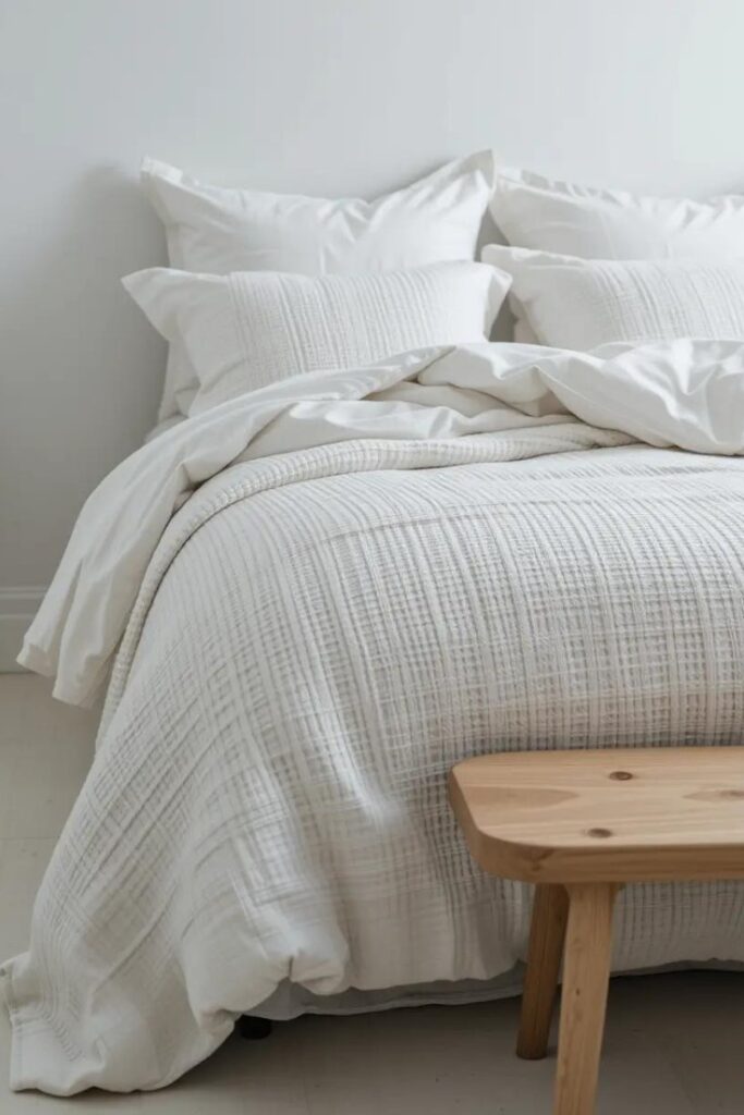 Layered white textured bedding including linen, waffle weave and knit textures, simple wooden bench at foot of bed.