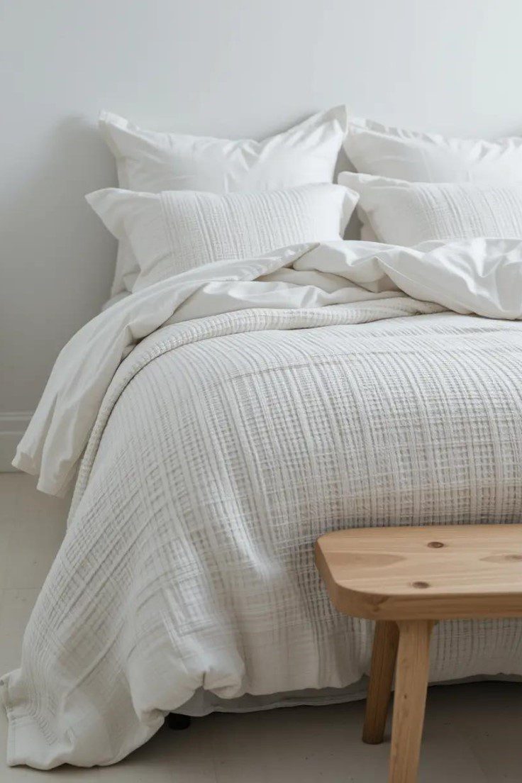 Layered white textured bedding including linen, waffle weave and knit textures, simple wooden bench at foot of bed.
