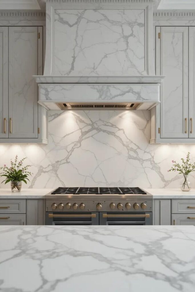  luxurious kitchen showcasing a white Carrara marble backsplash with delicate gray veining.