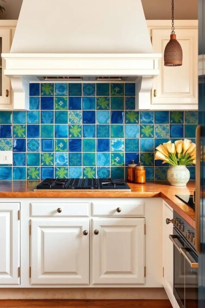 Mediterranean-inspired kitchen with vibrant, hand-painted ceramic backsplash tiles.
