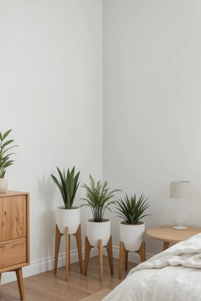 Minimalist bedroom corner featuring architectural plants in white ceramic planters on wooden stands.