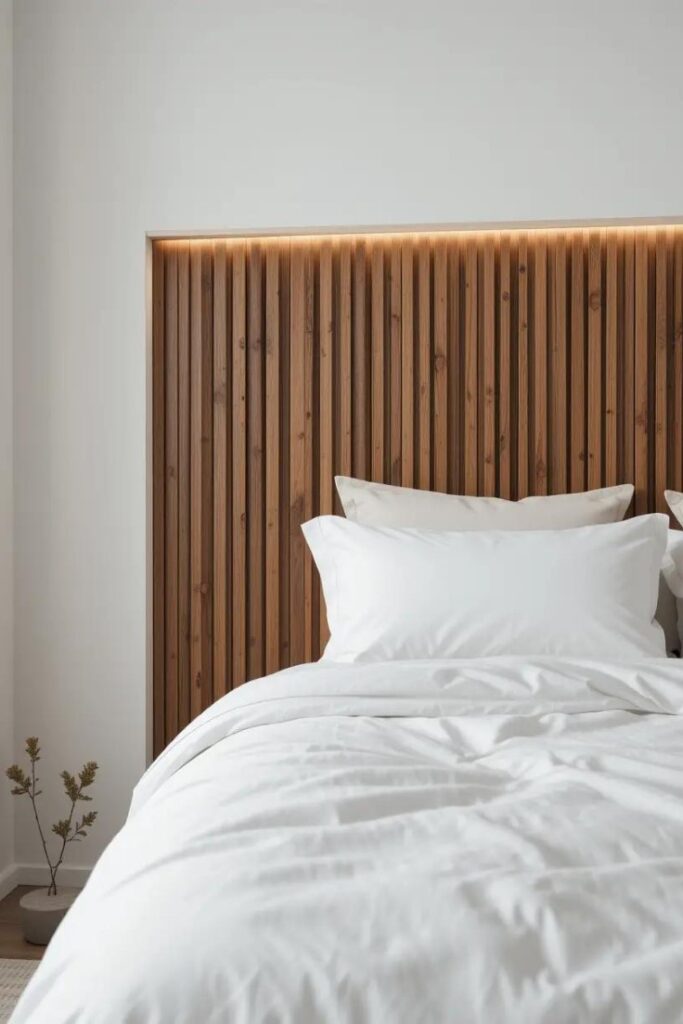 Minimalist bedroom featuring a vertical wood slat accent in the wall behind the bed.