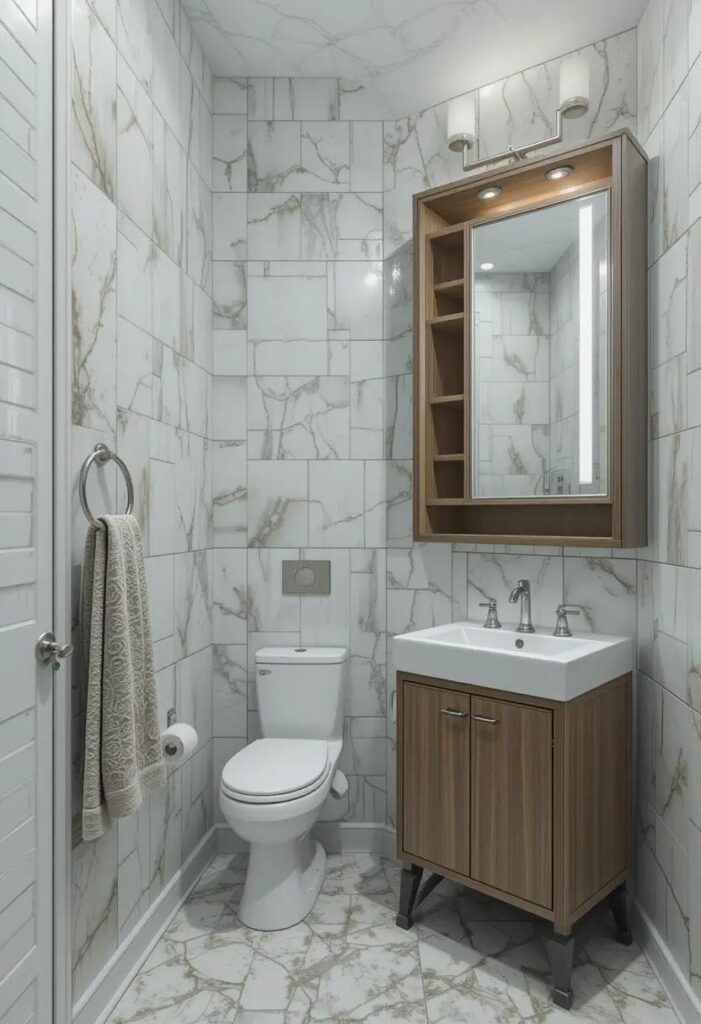 small bathroom featuring a mirror cabinet with storage.
