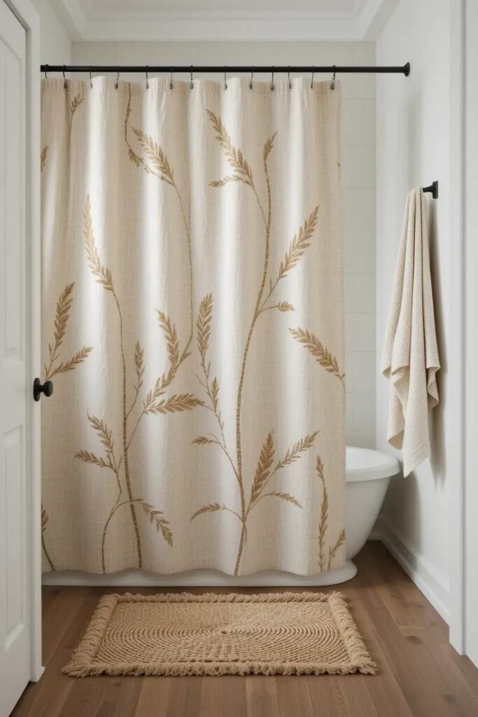 farmhouse bathroom featuring a grain sack-inspired shower curtain.