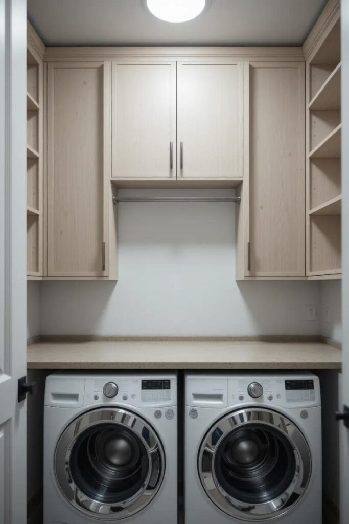 laundry room with tall, empty overhead cabinets mounted above a washer and dryer.