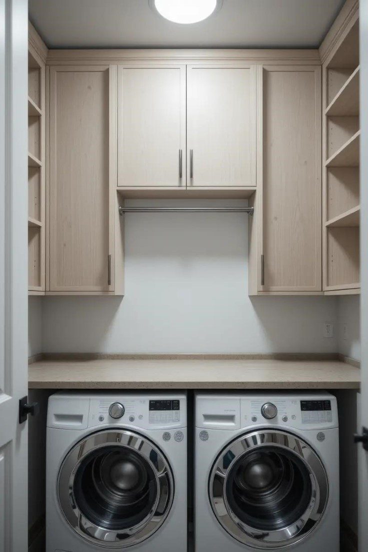 laundry room with tall, empty overhead cabinets mounted above a washer and dryer.