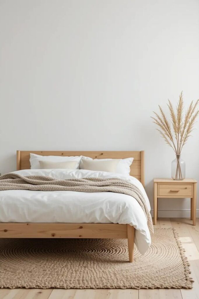  Scandinavian bedroom with light birch furniture against white walls, natural textures including wool throw and jute rug in neutral tones.