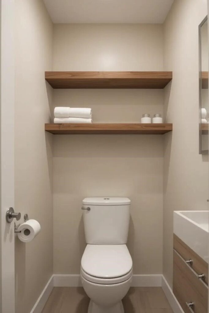 modern small bathroom with floating wooden shelves above the toilet for bathroom organization.