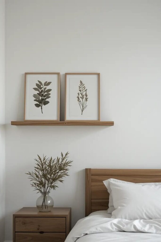 White bedroom wall with thin wooden picture ledges displaying carefully curated botanical art.