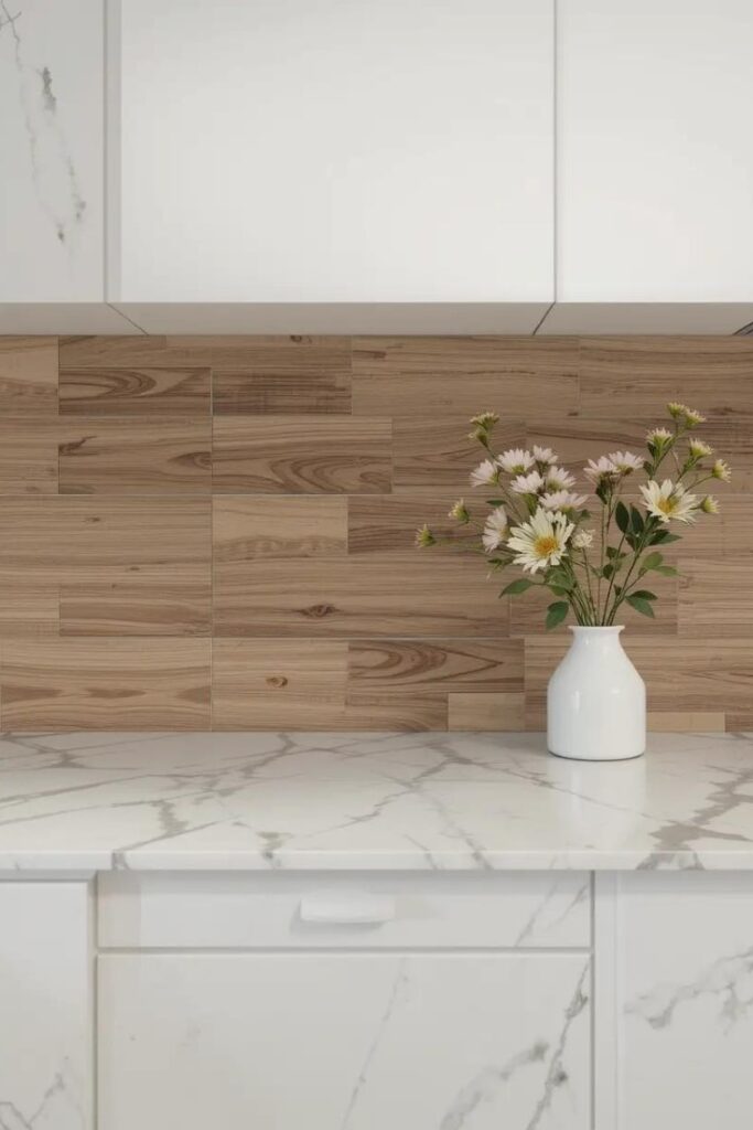 Wood-look porcelain tiles in a warm oak tone, arranged in a staggered plank pattern.
