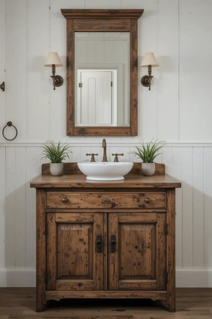 an antique wooden vanity with a distressed finish.