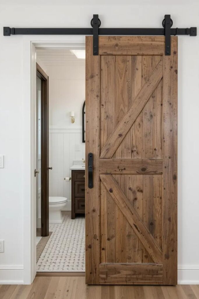 farmhouse bathroom entrance with a sliding barn door made of reclaimed wood.