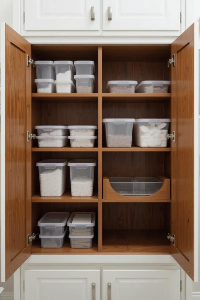 open bathroom cabinet with stackable containers.