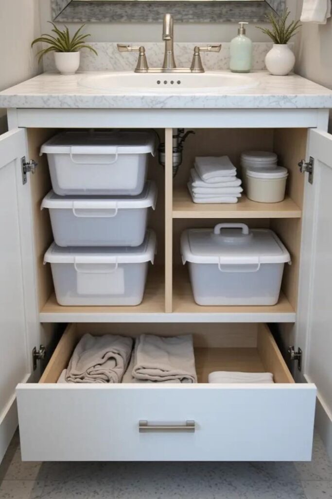 open bathroom vanity with an organized under-sink area.