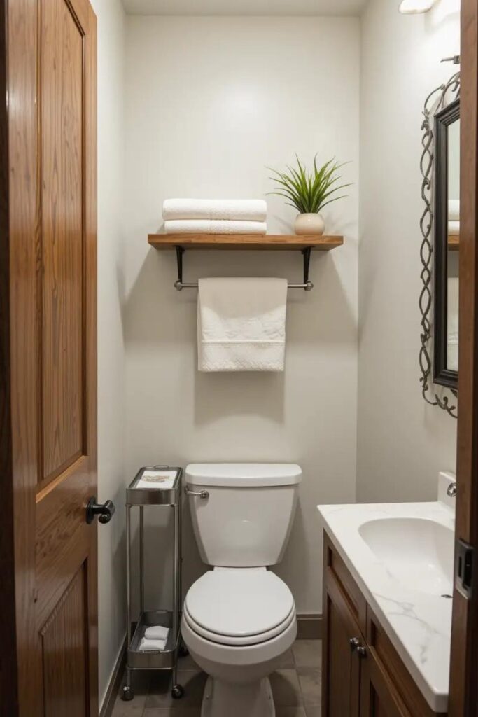 A compact bathroom with a floating shelf and rolling cart.