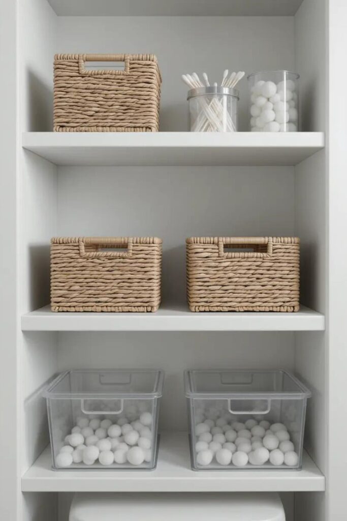 bathroom with coordinated woven baskets and acrylic bins arranged on open shelves.