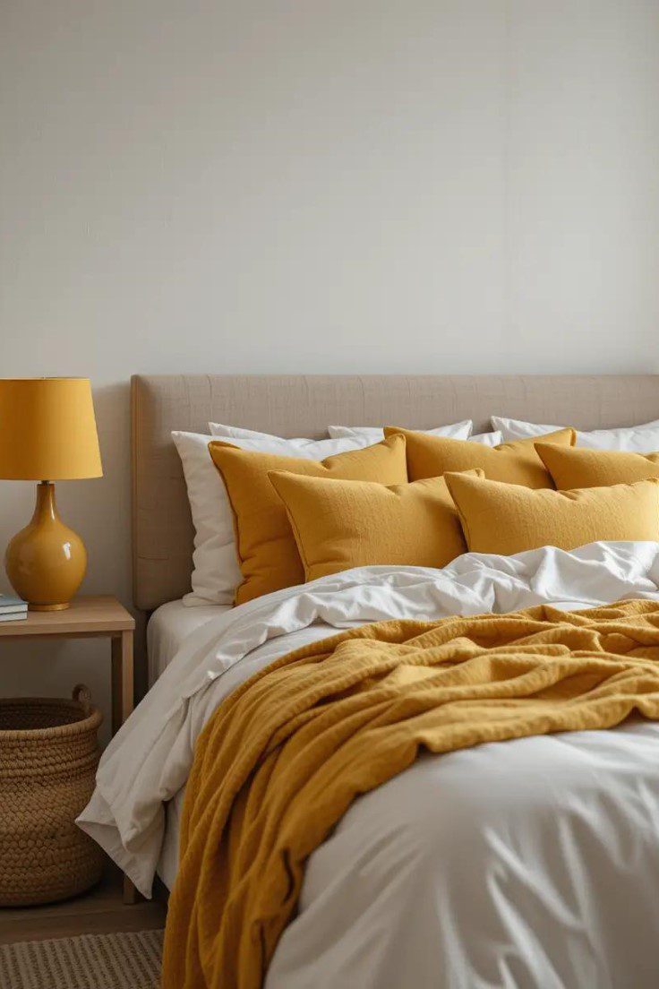 A Scandinavian-inspired bedroom with mustard yellow accents.