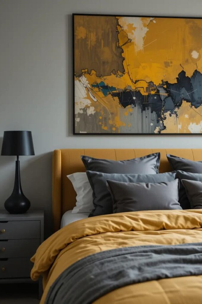 bedroom with a mustard yellow and gray color scheme.