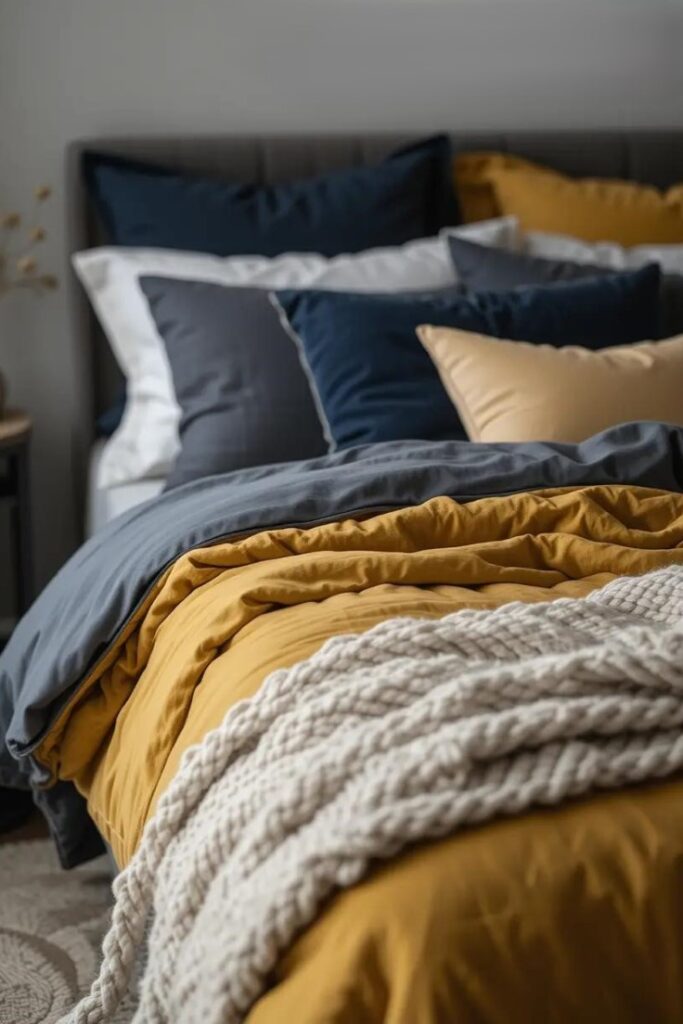 bedroom with a mustard yellow duvet and charcoal gray sheets.