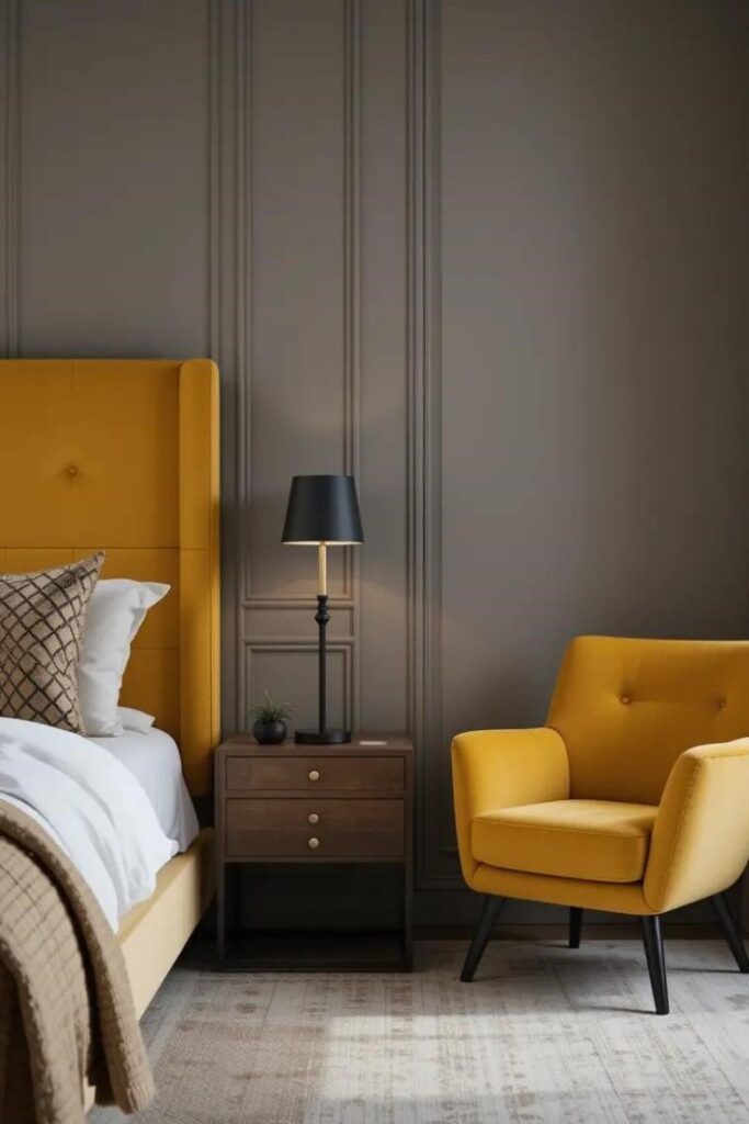 A stylish bedroom featuring a mustard yellow upholstered headboard.