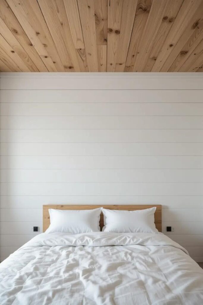 minimalist bedroom with white horizontal shiplap walls and a warm natural wood plank ceiling.