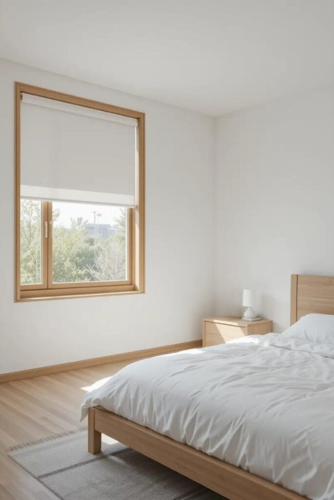 Minimalist white bedroom with wooden window frame and simple white roller blinds, natural light streaming in