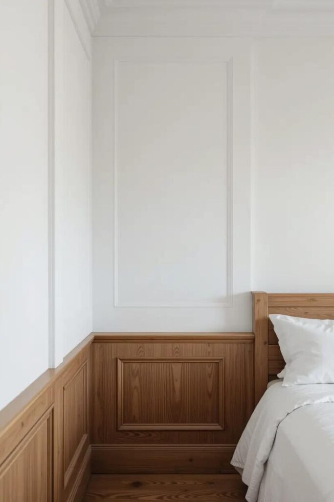  Bedroom with white walls and wooden wainscoting on lower third of walls.
