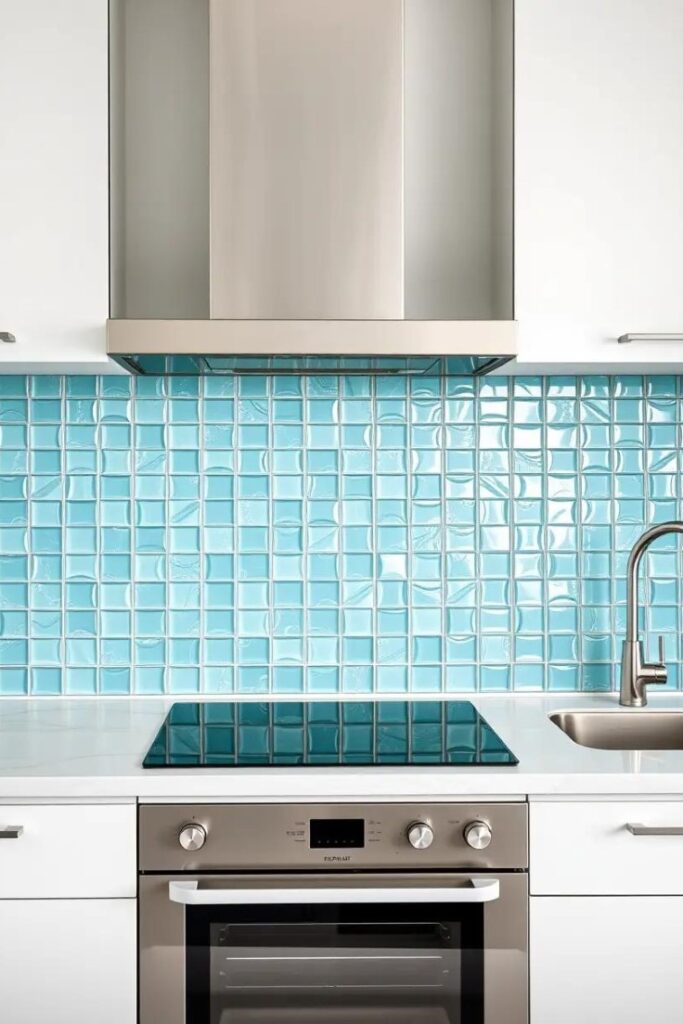 kitchen with blue-green glass backsplash tiles.
