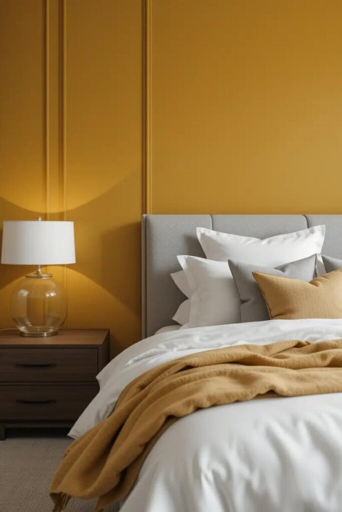 modern mustard yellow bedroom featuring a bold mustard yellow accent wall behind the bed.