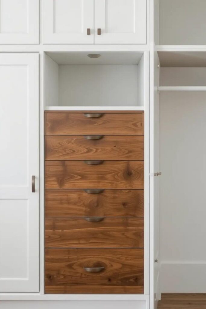 White built-in bedroom cabinetry with warm wood drawer fronts and handles.