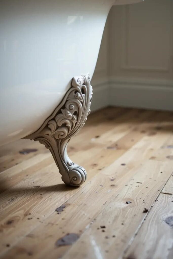 white clawfoot tub’s ornate feet, resting on wooden flooring.