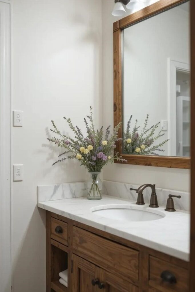 farmhouse bathroom with a rustic vanity.