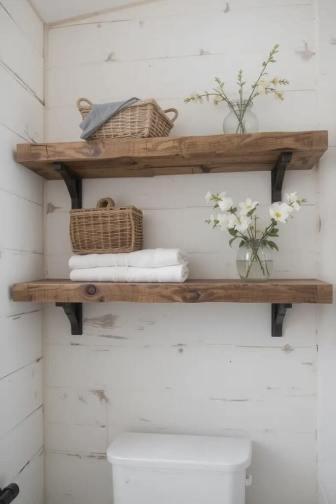 farmhouse bathroom with reclaimed wood shelves mounted on a shiplap wall.