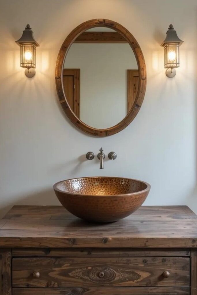 a hammered copper vessel sink sitting atop a reclaimed wood vanity.