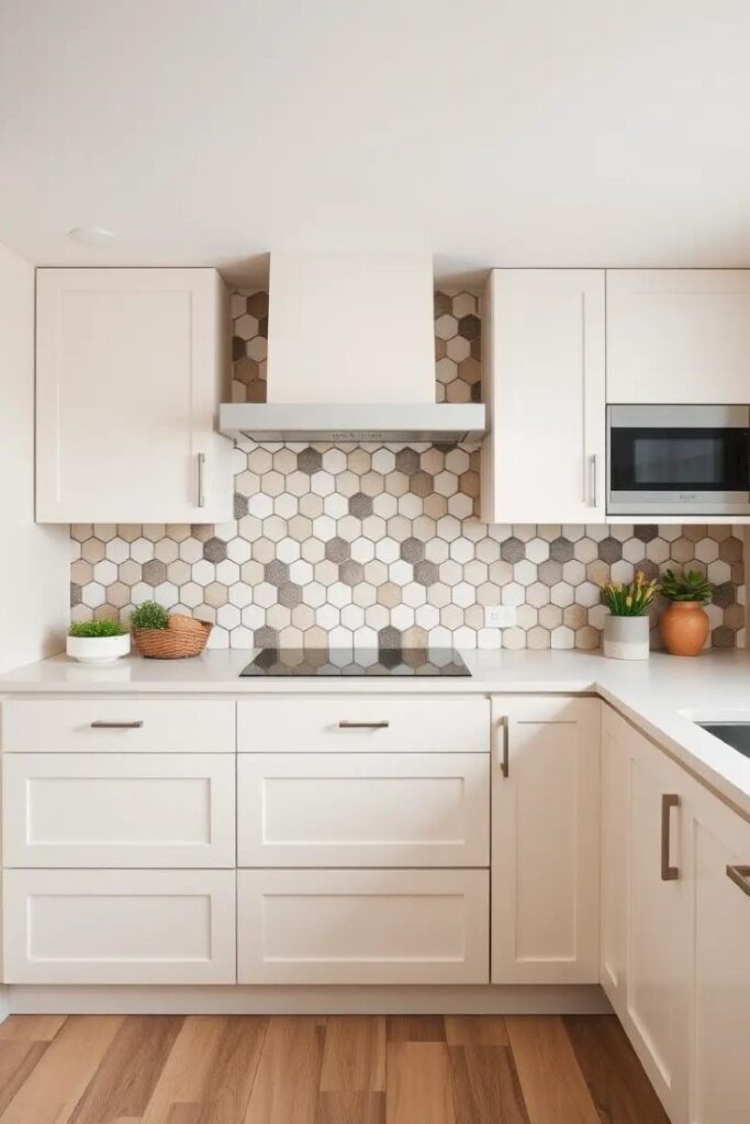 kitchen with hexagonal tiles backsplash in neutral tones.