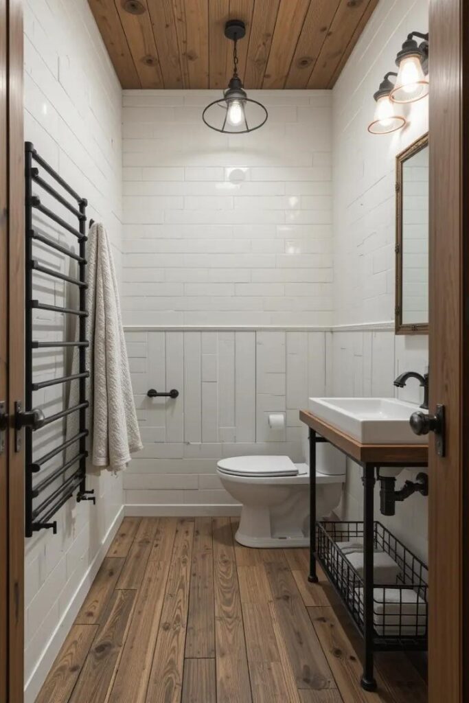farmhouse bathroom with industrial-style black metal fixtures.
