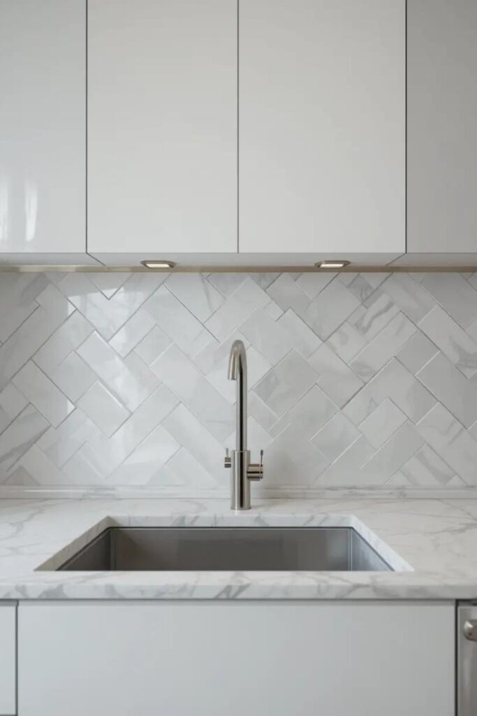 modern kitchen featuring a glossy white subway tile backsplash.