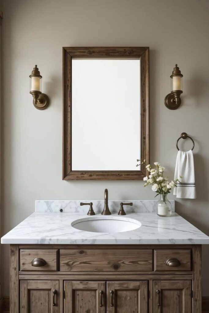 rustic farmhouse bathroom featuring a marble countertop.