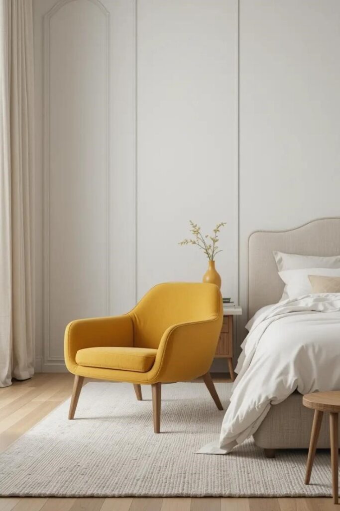 minimalist bedroom with mustard yellow accent—a sleek modern chair.