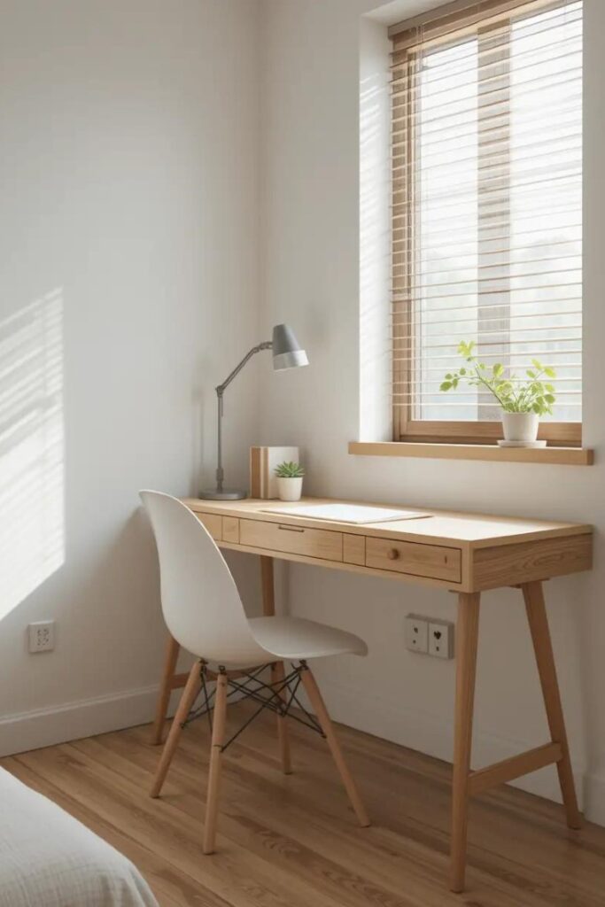 Minimalist bedroom workspace with simple wooden desk and comfortable white chair positioned near window.