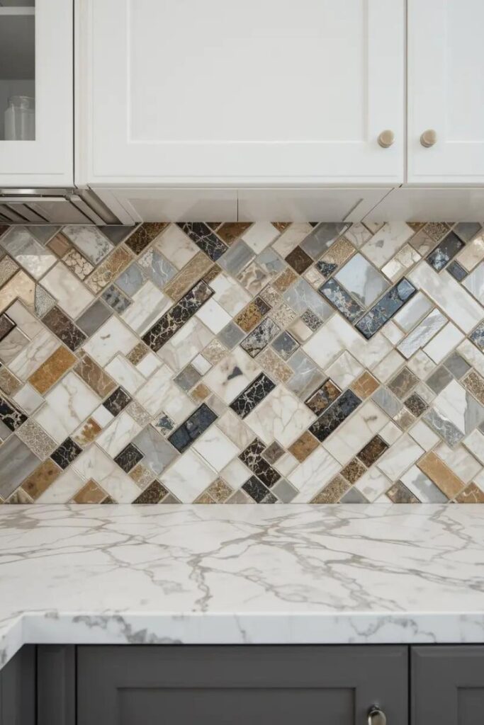 mixed materials tiles arranged in a custom pattern in the backsplash.