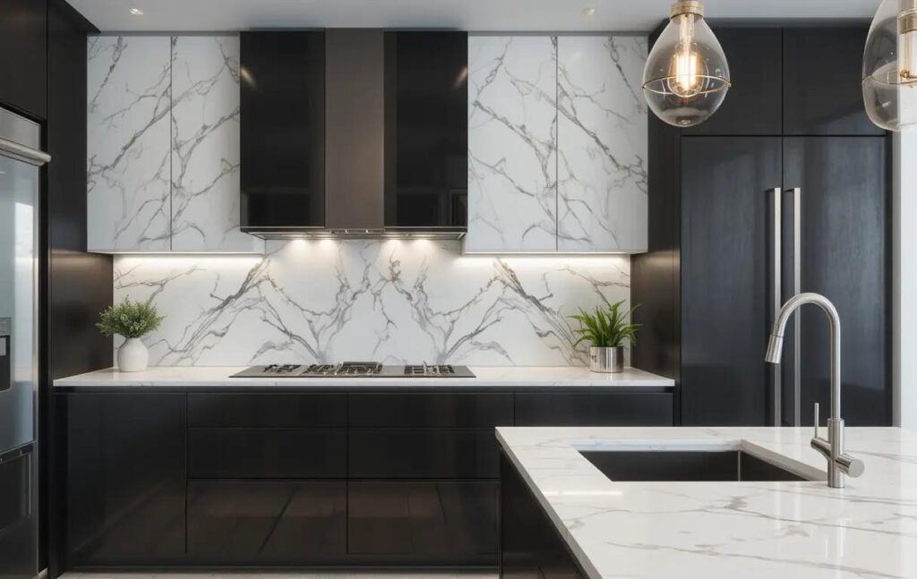 modern kitchen showcasing a stylish marble backsplash.