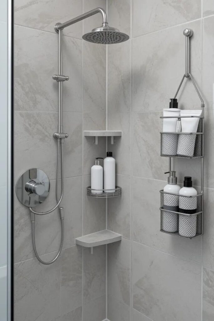 modern shower space with a corner caddy. bathroom organization ideas.