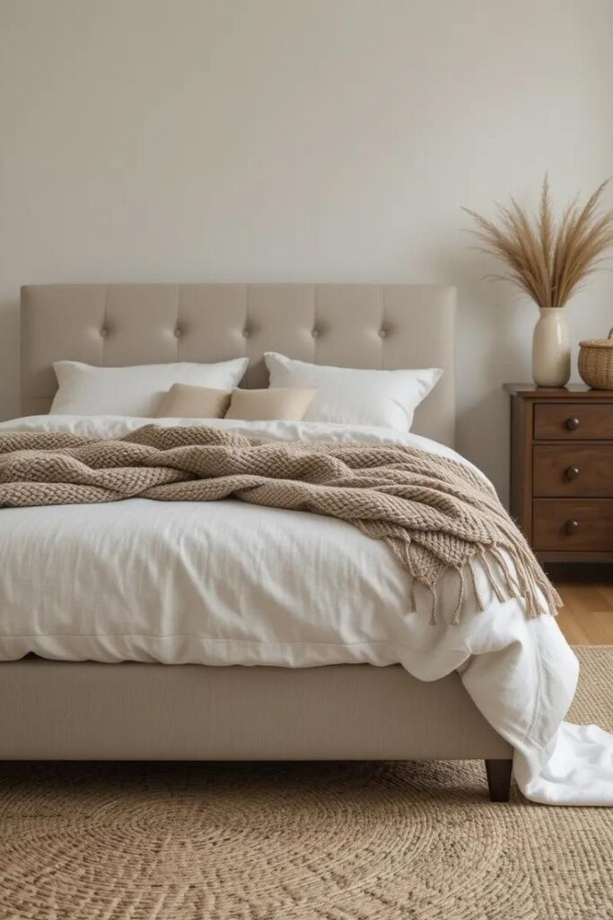 neutral bedroom featuring a linen-upholstered bed with a chunky knit throw draped over it.