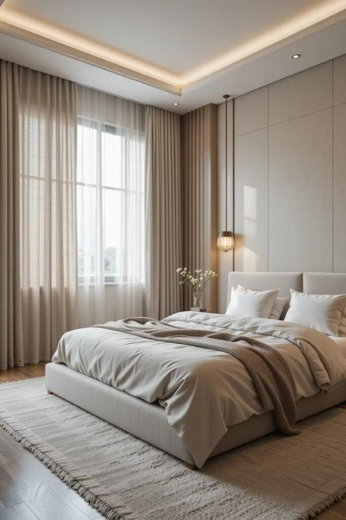 a refined neutral bedroom blending plush bedding, a sleek bed frame, soft linen curtains.